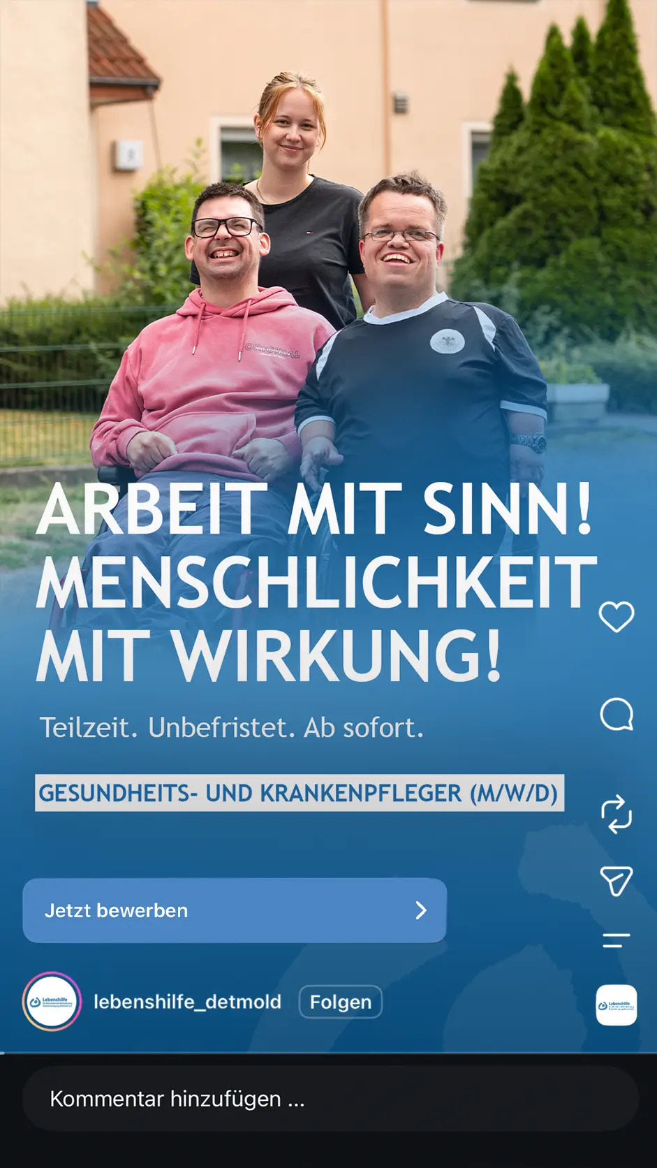 Recruiting-Creative aus der eigenen Produktion: echtes Team-Foto, ein starker Claim, CI-treues Blau